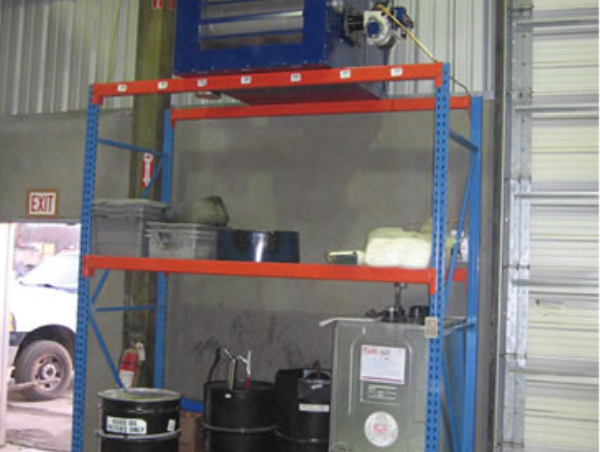 Rack-mounted Firelake/Shenandoah WOF-350 waste oil heater. Waste oil tank pictured below heater.