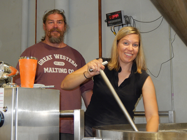 Making mash. Head Brewer Drew Cluley and Assistant Brewer Paige Smith (a member of the Pink Boots Society).