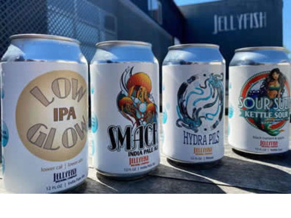 The Jellyfish Brewing has a variety of beers in cans plus 13 beers on tap.