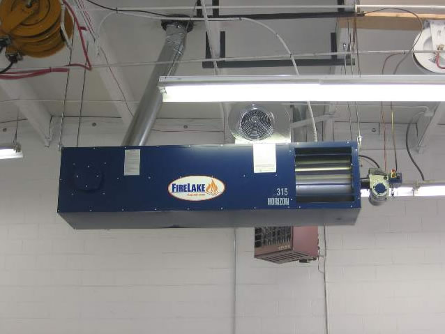 Greg's Lynnwood auto repair shop - new Firelake/Shenandoah Horizon 315 heater installed hanging from ceiling.